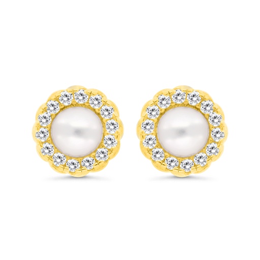 [EAR02FPR00WCZC304] Sterling Silver 925 Earring Gold Plated Embedded With Natural White Pearl And  White Zircon