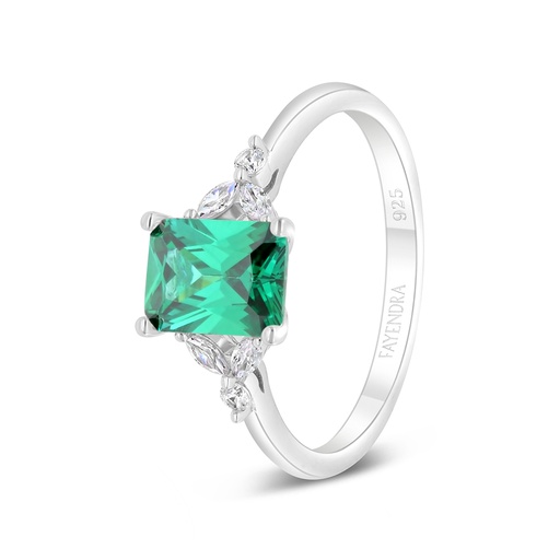 Sterling Silver 925 Ring Rhodium Plated Embedded With Emerald Zircon And White Zircon