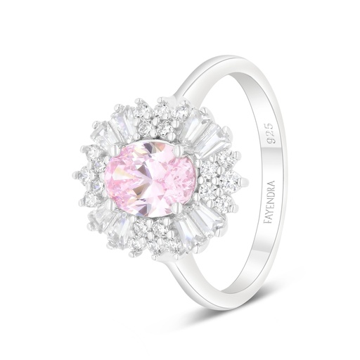 Sterling Silver 925 Ring Rhodium Plated Embedded With Pink Zircon And White Zircon