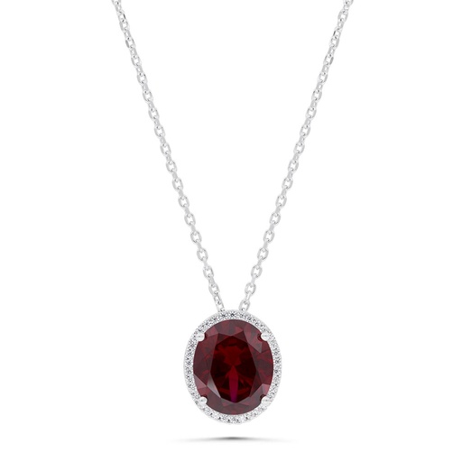 [NCL01RUB00WCZB331] Sterling Silver 925 Necklace Rhodium Plated Embedded With Ruby Corundum And White Zircon