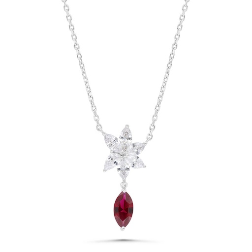 [NCL01RUB00WCZB336] Sterling Silver 925 Necklace Rhodium Plated Embedded With Ruby Corundum And White Zircon