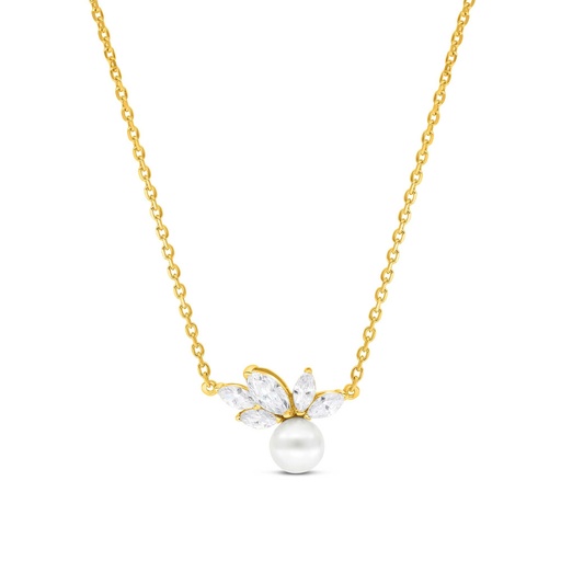 [NCL02PRL00WCZB337] Sterling Silver 925 Necklace Gold Plated Embedded With Shell White Pearl And White Zircon