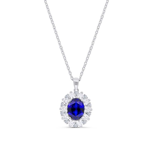[NCL01SAP00WCZB338] Sterling Silver 925 Necklace Rhodium Plated Embedded With Sapphire Corundum And White Zircon