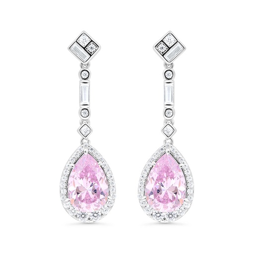 [EAR01PIK00WCZC221] Sterling Silver 925 Earring Rhodium Plated Embedded With Pink Zircon And White Zircon