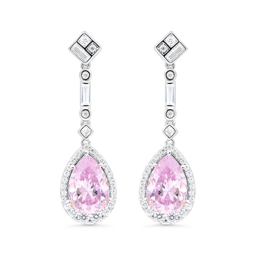 [EAR01PIK00WCZC221] Sterling Silver 925 Earring Rhodium Plated Embedded With Pink Zircon And White Zircon