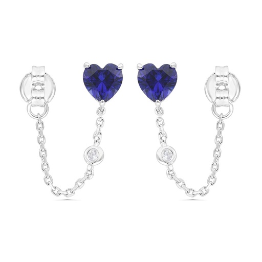 [EAR01SAP00WCZC223] Sterling Silver 925 Earring Rhodium Plated Embedded With Sapphire Corundum And White Zircon