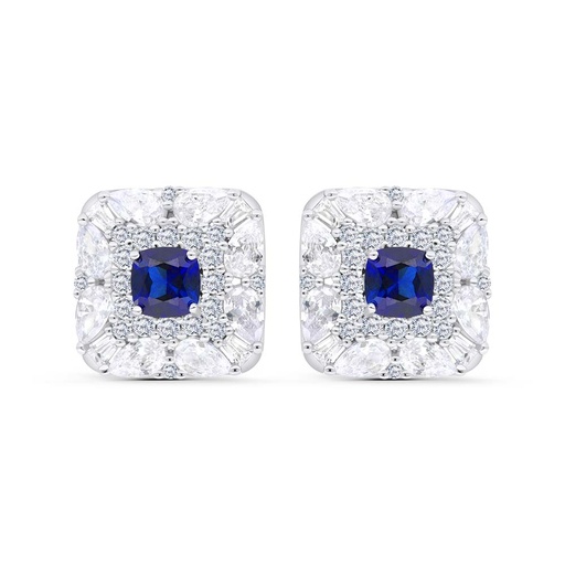 [EAR01SAP00WCZC226] Sterling Silver 925 Earring Rhodium Plated Embedded With Sapphire Corundum And White Zircon