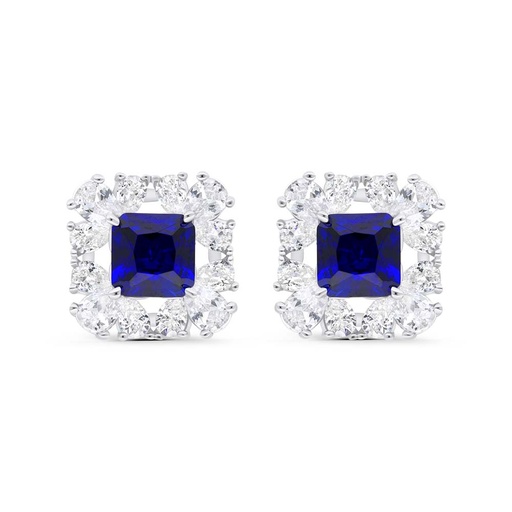 [EAR01SAP00WCZC227] Sterling Silver 925 Earring Rhodium Plated Embedded With Sapphire Corundum And White Zircon