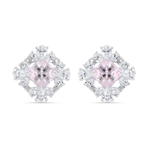 [EAR01PIK00WCZC227] Sterling Silver 925 Earring Rhodium Plated Embedded With Pink Zircon And White Zircon