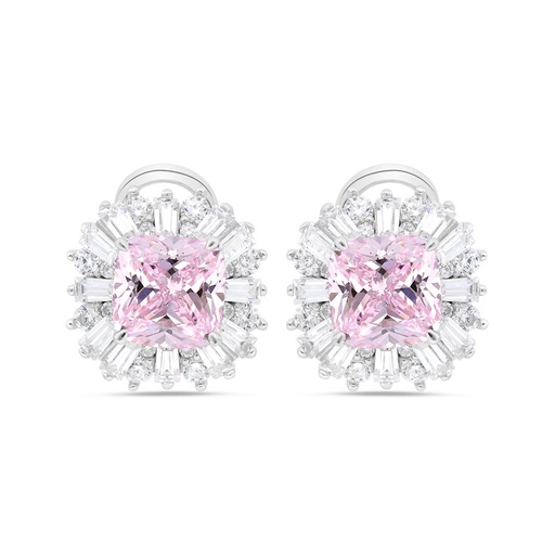 [EAR01PIK00WCZC230] Sterling Silver 925 Earring Rhodium Plated Embedded With Pink Zircon And White Zircon