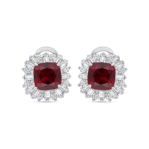 [EAR01RUB00WCZC230] Sterling Silver 925 Earring Rhodium Plated Embedded With Ruby Corundum And White Zircon