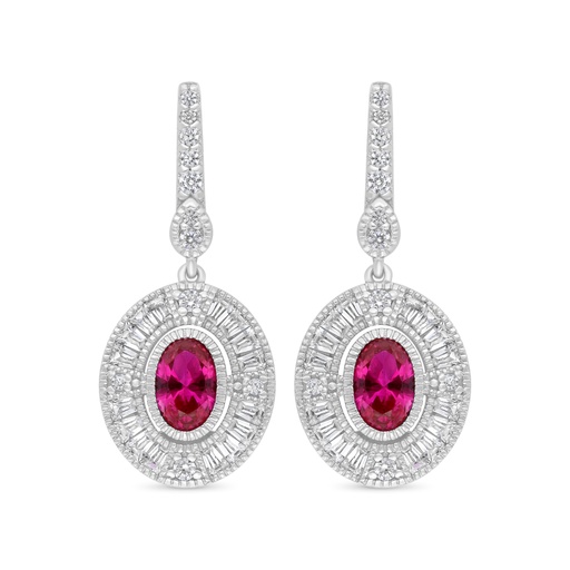 [EAR01RUB00WCZC232] Sterling Silver 925 Earring Rhodium Plated Embedded With Ruby Corundum And White Zircon