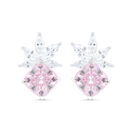 [EAR01PIK00WCZC237] Sterling Silver 925 Earring Rhodium Plated Embedded With Pink Zircon And White Zircon