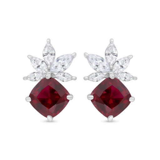 [EAR01RUB00WCZC237] Sterling Silver 925 Earring Rhodium Plated Embedded With Ruby Corundum And White Zircon