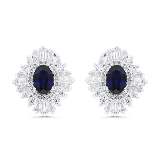 [EAR01SAP00WCZC238] Sterling Silver 925 Earring Rhodium Plated Embedded With Sapphire Corundum And White Zircon
