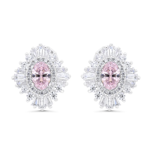 [EAR01PIK00WCZC238] Sterling Silver 925 Earring Rhodium Plated Embedded With Pink Zircon And White Zircon