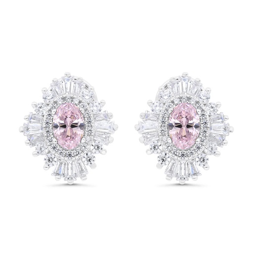 [EAR01PIK00WCZC238] Sterling Silver 925 Earring Rhodium Plated Embedded With Pink Zircon And White Zircon