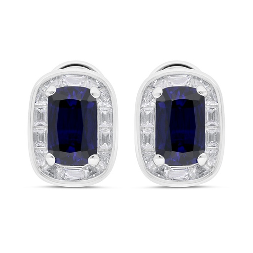 [EAR01SAP00WCZC241] Sterling Silver 925 Earring Rhodium Plated Embedded With Sapphire Corundum And White Zircon