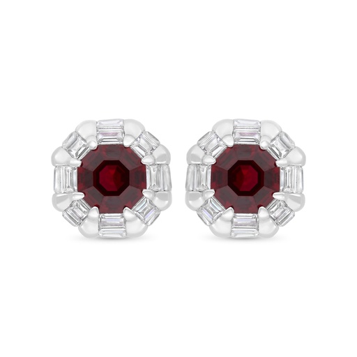 [EAR01RUB00WCZC244] Sterling Silver 925 Earring Rhodium Plated Embedded With Ruby Corundum And White Zircon