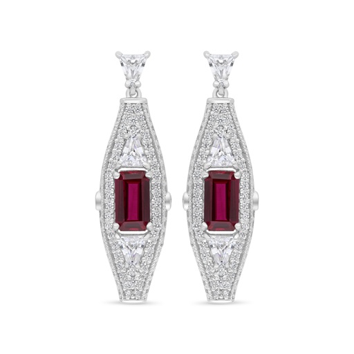 [EAR01RUB00WCZC246] Sterling Silver 925 Earring Rhodium Plated Embedded With Ruby Corundum And White Zircon