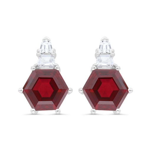 [EAR01RUB00WCZC247] Sterling Silver 925 Earring Rhodium Plated Embedded With Ruby Corundum And White Zircon