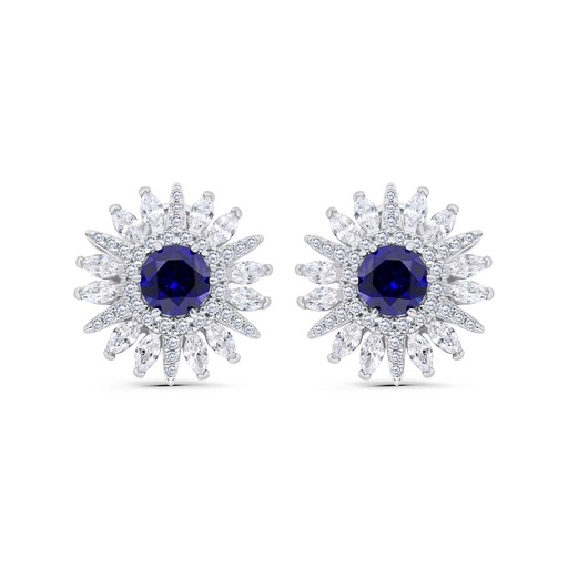 [EAR01SAP00WCZC253] Sterling Silver 925 Earring Rhodium Plated Embedded With Sapphire Corundum And White Zircon