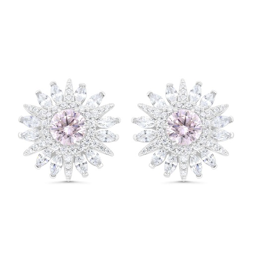[EAR01PIK00WCZC253] Sterling Silver 925 Earring Rhodium Plated Embedded With pink Zircon And White Zircon