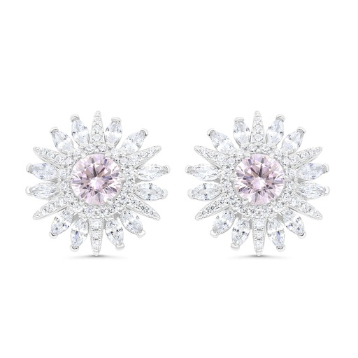 [EAR01PIK00WCZC253] Sterling Silver 925 Earring Rhodium Plated Embedded With pink Zircon And White Zircon