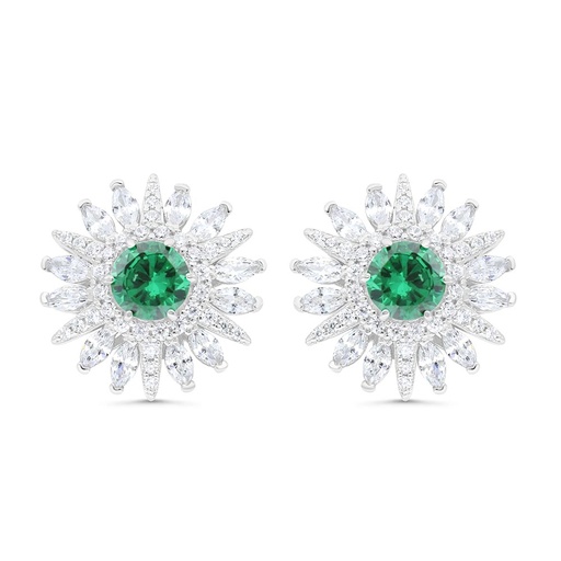 [EAR01EMR00WCZC253] Sterling Silver 925 Earring Rhodium Plated Embedded With Emerald Zircon And White Zircon