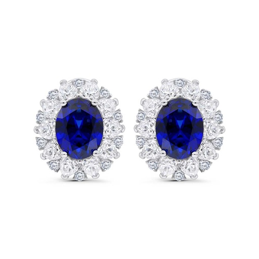 [EAR01SAP00WCZC289] Sterling Silver 925 Earring Rhodium Plated Embedded With Sapphire Corundum And White Zircon