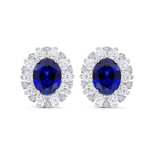 [EAR01SAP00WCZC289] Sterling Silver 925 Earring Rhodium Plated Embedded With Sapphire Corundum And White Zircon