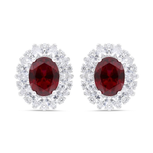 [EAR01RUB00WCZC289] Sterling Silver 925 Earring Rhodium Plated Embedded With Ruby Corundum And White Zircon