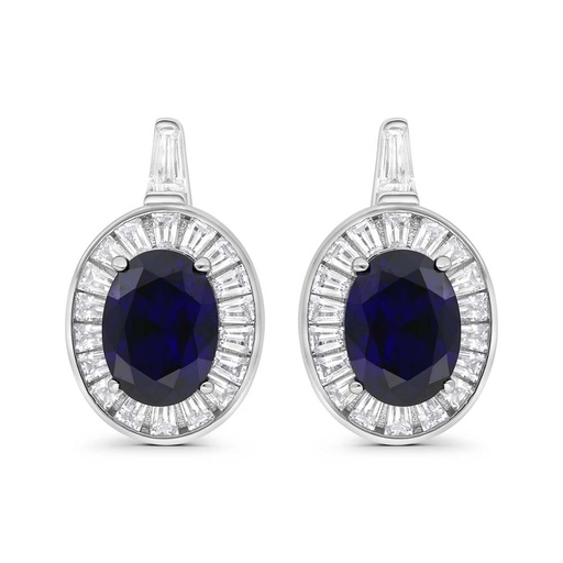 [EAR01SAP00WCZC292] Sterling Silver 925 Earring Rhodium Plated Embedded With Sapphire Corundum And White Zircon