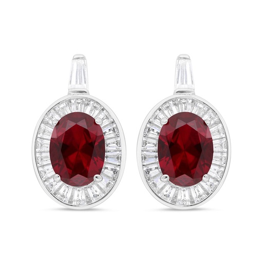 [EAR01RUB00WCZC292] Sterling Silver 925 Earring Rhodium Plated Embedded With Ruby Corundum And White Zircon