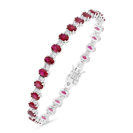 [BRC01RUB00WCZB120] Sterling Silver 925 Bracelet Rhodium Plated Embedded With Ruby Corundum And White Zircon