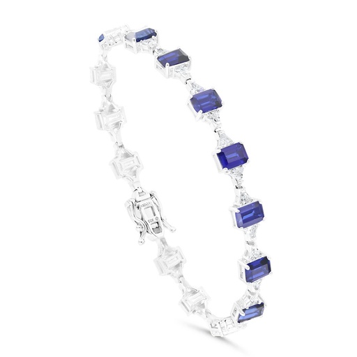 [BRC01SAP00WCZB121] Sterling Silver 925 Bracelet Rhodium Plated Embedded With Sapphire Corundum And White Zircon