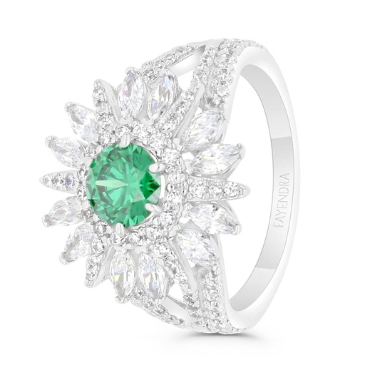 Sterling Silver 925 Ring Rhodium Plated Embedded With Emerald Zircon And White Zircon