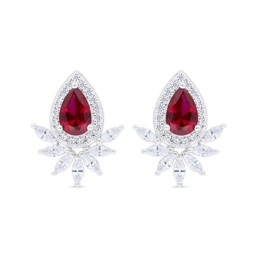 [EAR01RUB00WCZC339] Sterling Silver 925 Earring Rhodium Plated Embedded With Ruby Corundum And White Zircon