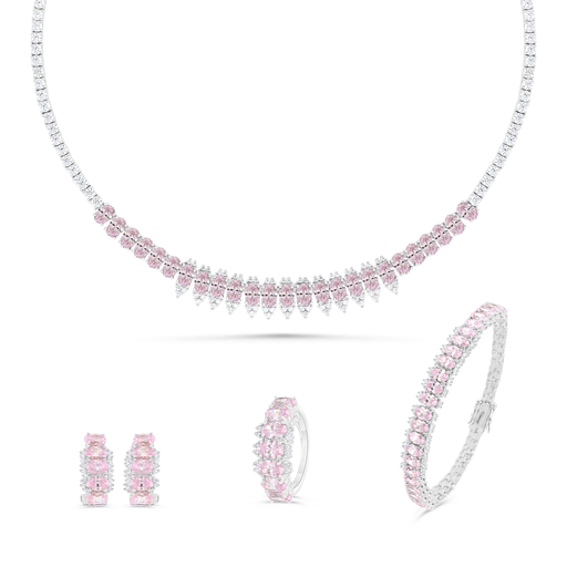 Sterling Silver 925 SET Rhodium Plated Embedded With pink Zircon And White CZ