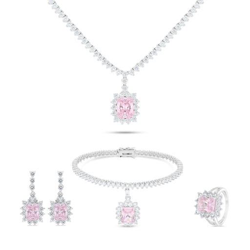 Sterling Silver 925 SET Rhodium Plated Embedded With pink Zircon And White CZ