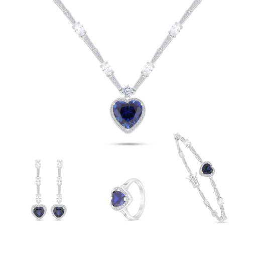 Sterling Silver 925 SET Rhodium Plated Embedded With Sapphir Zircon And White CZ