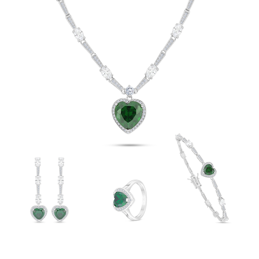 Sterling Silver 925 SET Rhodium Plated Embedded With Emerald Zircon And White CZ