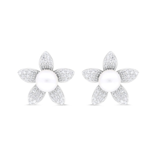 [EAR01PRL00WCZC383] Sterling Silver 925 Earring Rhodium Plated Embedded With White Shell Pearl And White Zircon