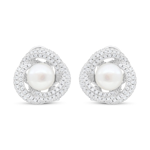 [EAR01PRL00WCZC394] Sterling Silver 925 Earring Rhodium Plated Embedded With White Shell Pearl And White Zircon