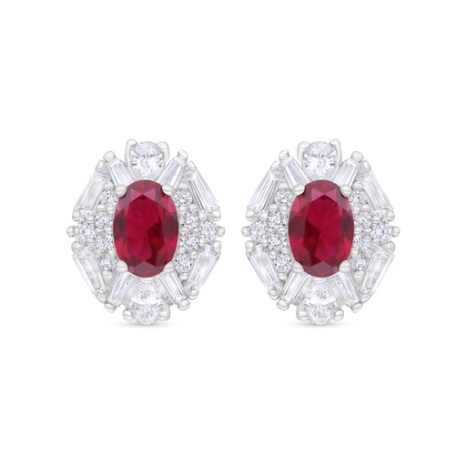 [EAR01RUB00WCZC343] Sterling Silver 925 Earring Rhodium Plated Embedded With Ruby Corundum And White Zircon