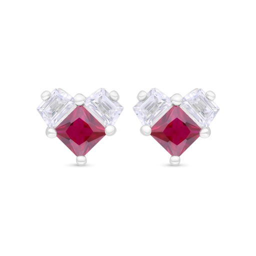 [EAR01RUB00WCZC349] Sterling Silver 925 Earring Rhodium Plated Embedded With Ruby Corundum And White Zircon