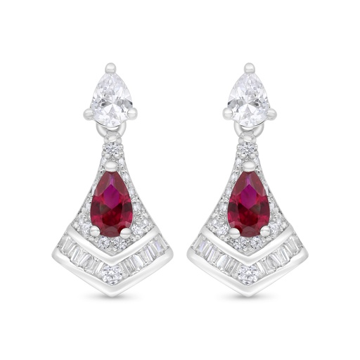 [EAR01RUB00WCZC354] Sterling Silver 925 Earring Rhodium Plated Embedded With Ruby Corundum And White Zircon
