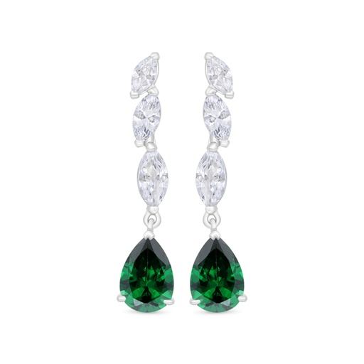 [EAR01EMR00WCZC365] Sterling Silver 925 Earring Rhodium Plated Embedded With Emerald Zircon And White Zircon