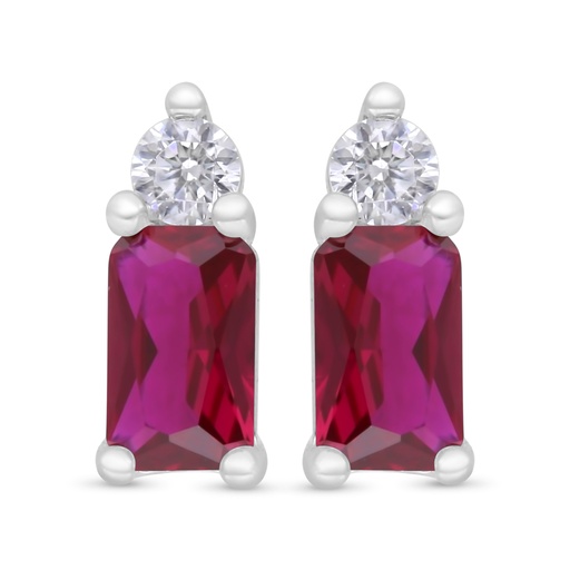 [EAR01RUB00WCZC374] Sterling Silver 925 Earring Rhodium Plated Embedded With Ruby Corundum And White Zircon