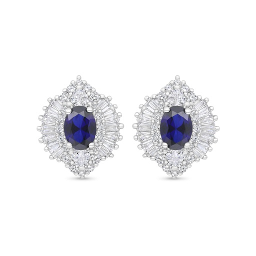 [EAR01SAP00WCZC375] Sterling Silver 925 Earring Rhodium Plated Embedded With Sapphire Corundum And White Zircon